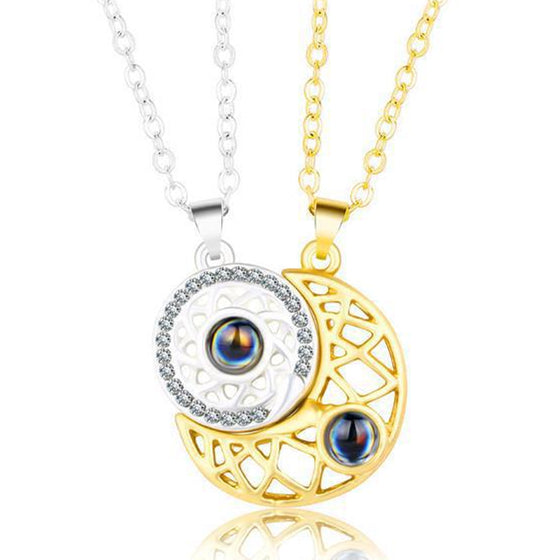 Sun and Moon Matching Couple Necklace for Her Him 100 Languages Love