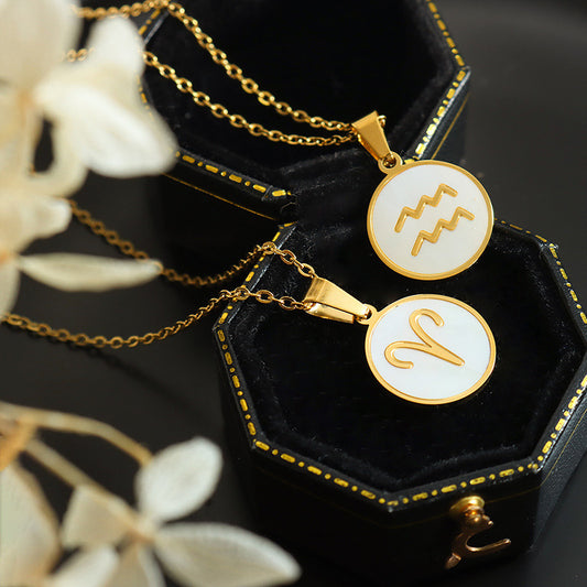 12 Constellations Sign Of Star Zodiac Shell Coin Pendant Necklace