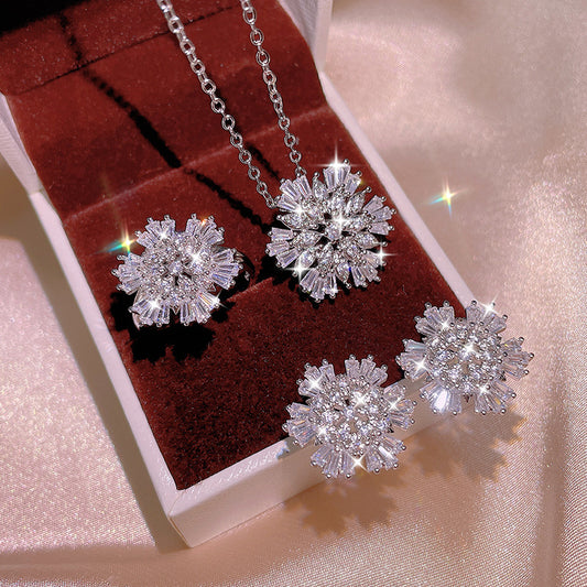 Snowflake Necklace Stud Earrings Rings Set 3PCS Jewelry Sets