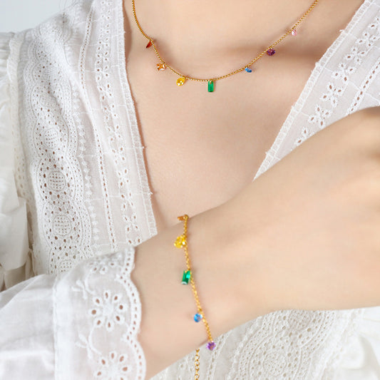 Colorful Jewel Necklace Boho Zircon Dainty Rainbow Necklace