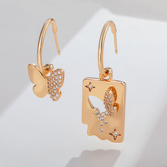 Butterfly Asymmetric Drop Dangle Earrings 18K Gold Plated Hook Mismatched Earrings