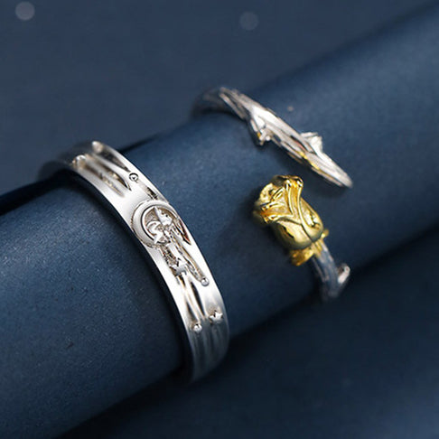 The Little Prince and Roses S925 Sterling Silver Adjustable Couple Rings