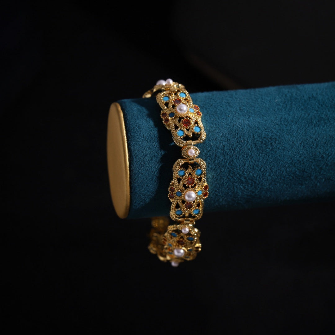 Handcrafted Antique Gold Brass Necklace and Bracelet with Colorful Gemstones