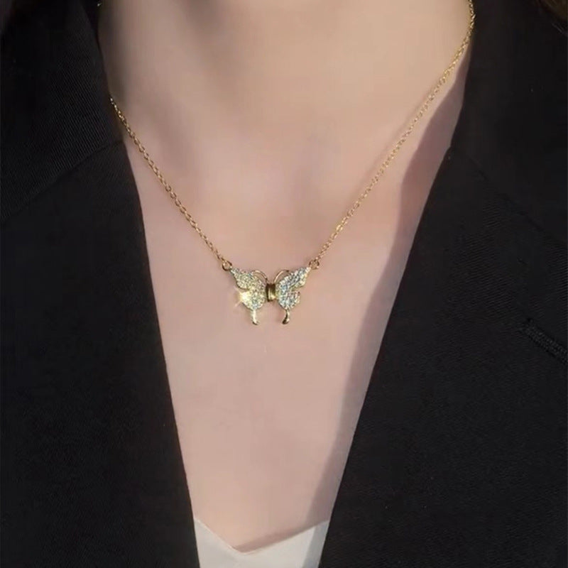 Double-Sided Wearing Diamond-Set Magnetic Butterfly Pendant Necklace