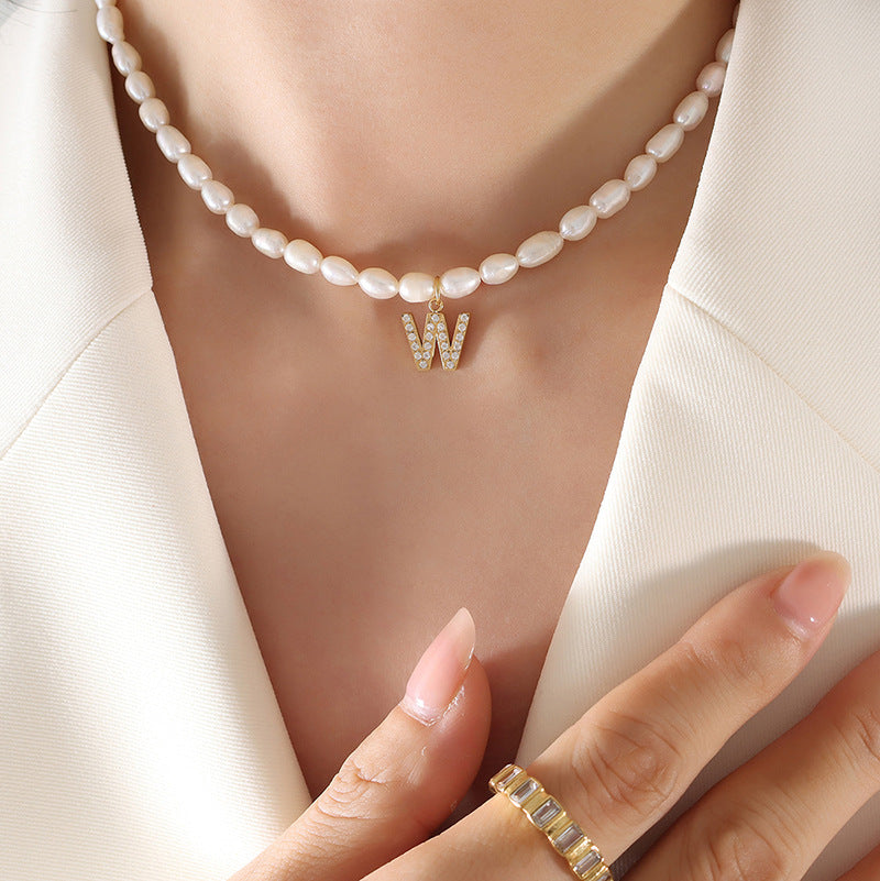 Initial A-Z Cubic Zircon Letter Pendant Dainty Pearl Necklace