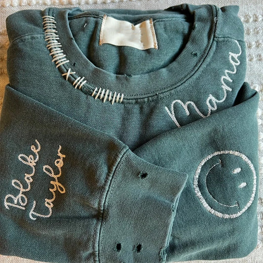 Add Your Text Collar Embroidered Hand Distressed Customized Sweatshirt