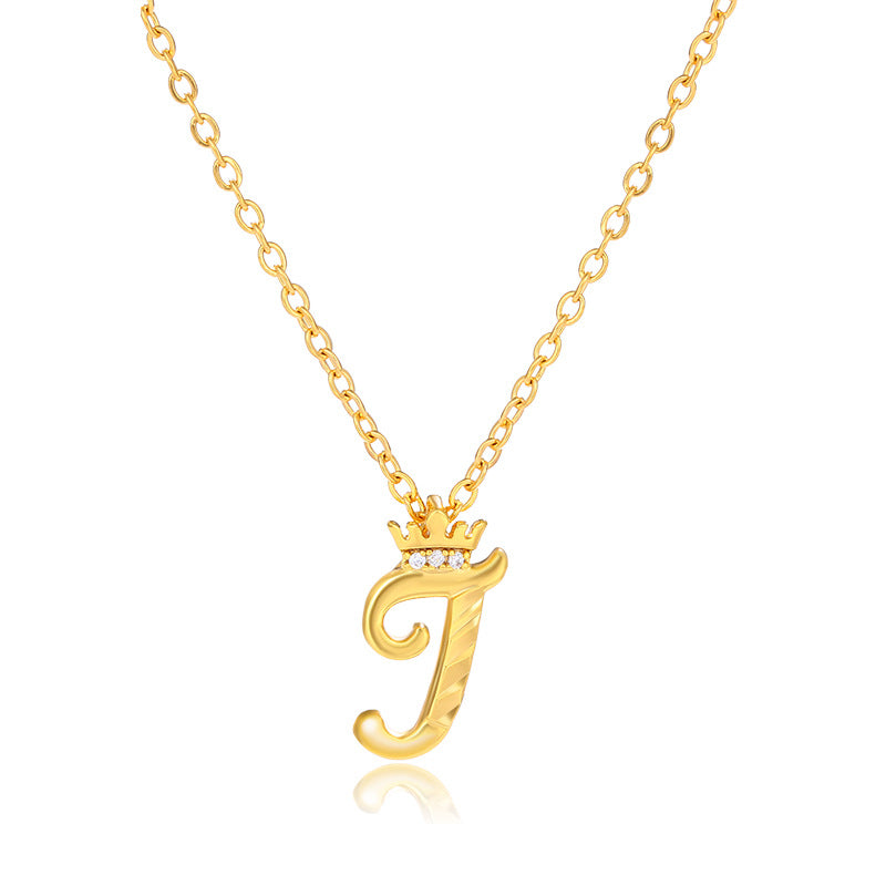 Initial Script A-Z Letter Crown Pendant Necklace 18K Gold Plated Cubic Zirconia Necklace