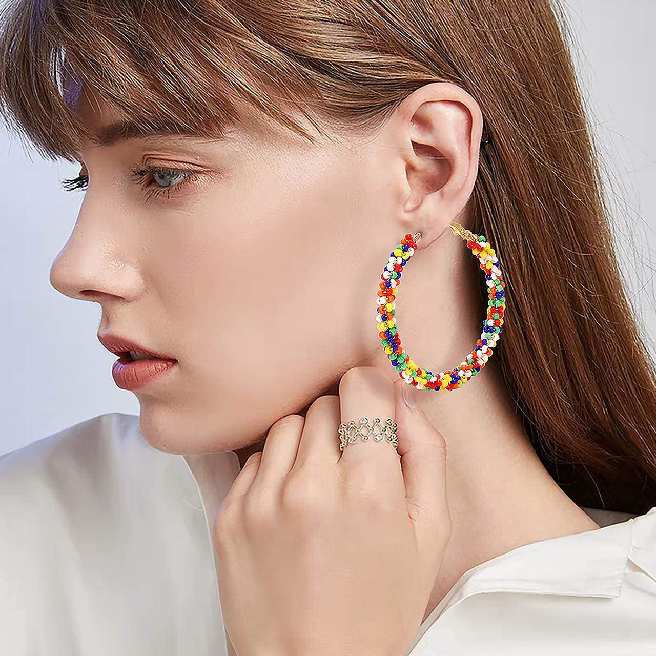 Boho Beads Earrings Handmade Colorful Beads Circle Round Hoop Earrings