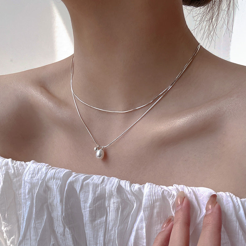 S925 Pearl Layered Pendant Necklace Choker Snake Chain Necklace