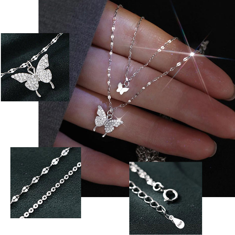 S925 Double Butterfly Layered Choker Lace Chain Necklace