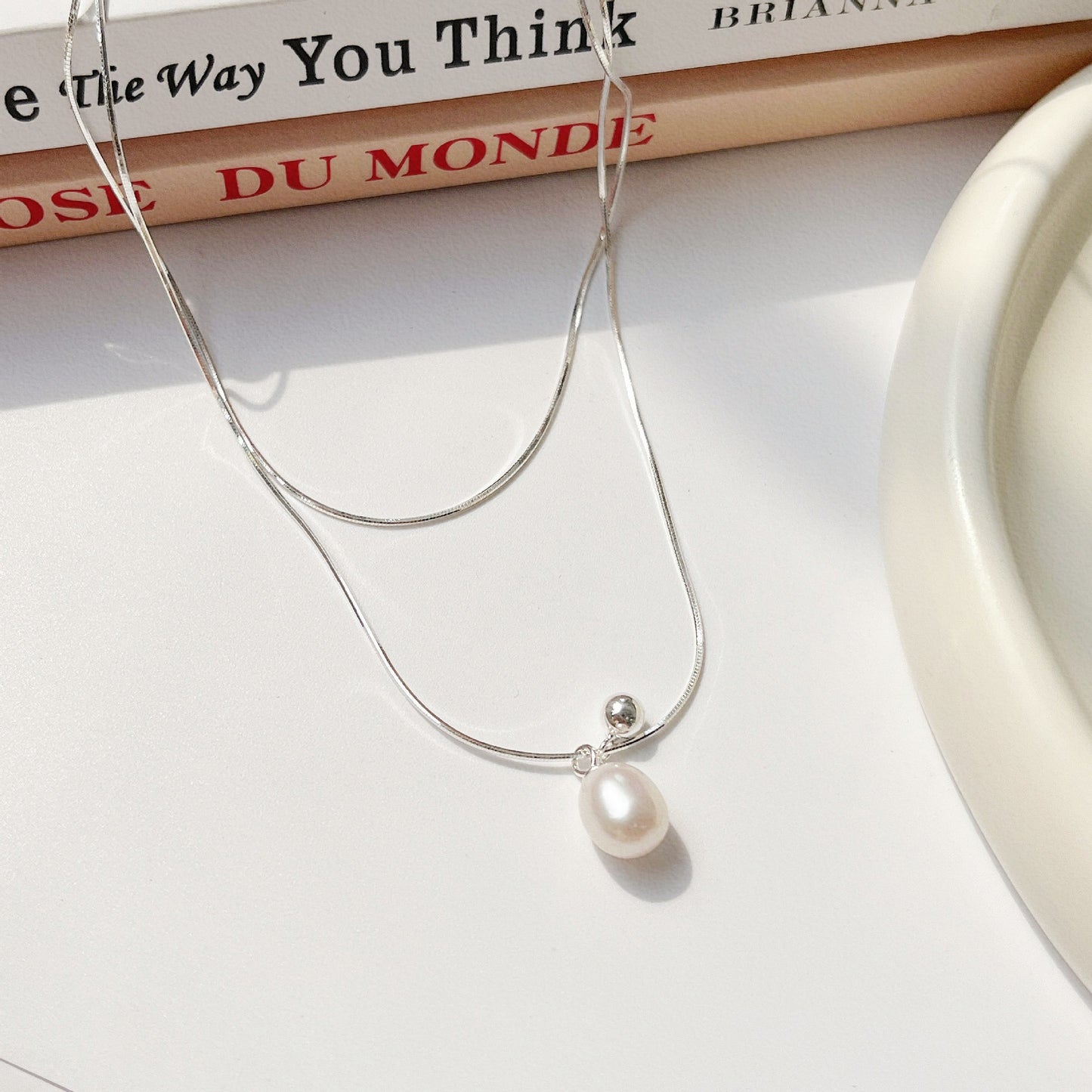 S925 Pearl Layered Pendant Necklace Choker Snake Chain Necklace