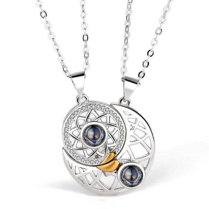 Sun and Moon Matching Couple Necklace for Her Him 100 Languages Love