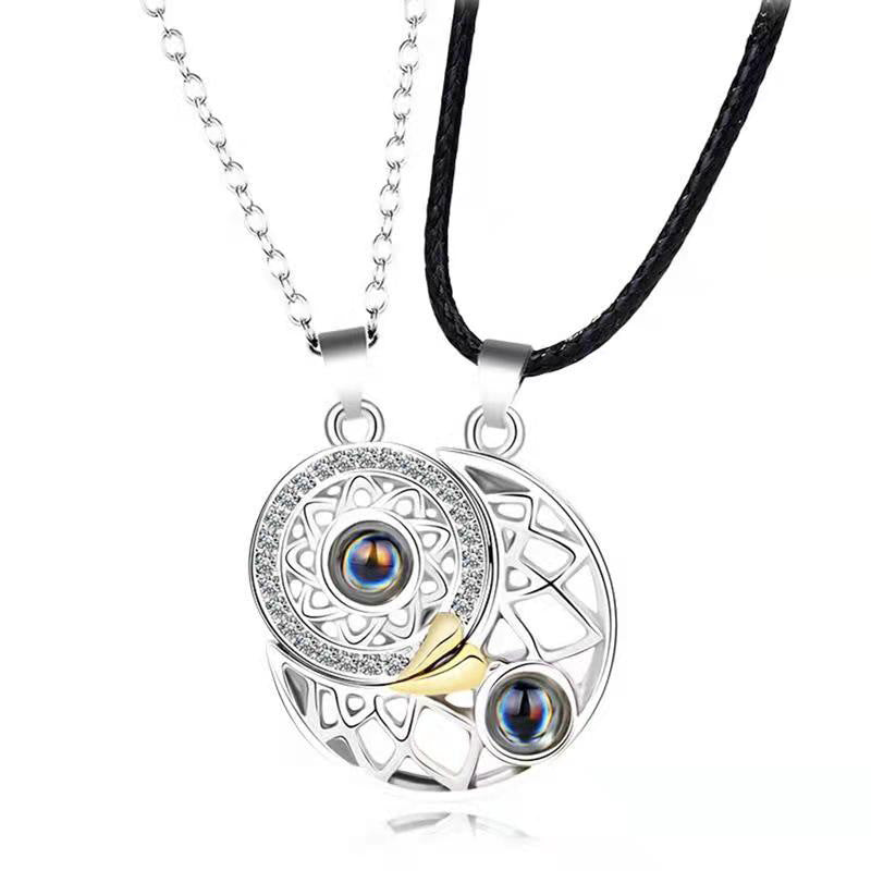 Sun and Moon Matching Couple Necklace for Her Him 100 Languages Love