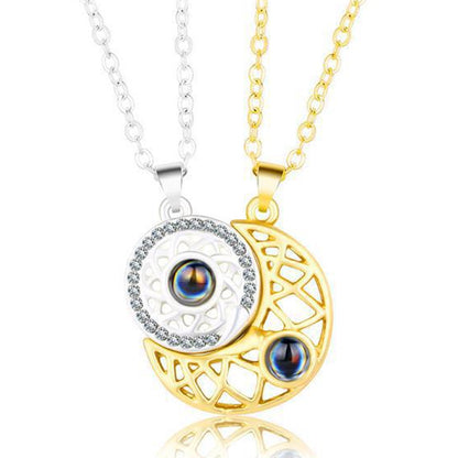 Sun and Moon Matching Couple Necklace for Her Him 100 Languages Love