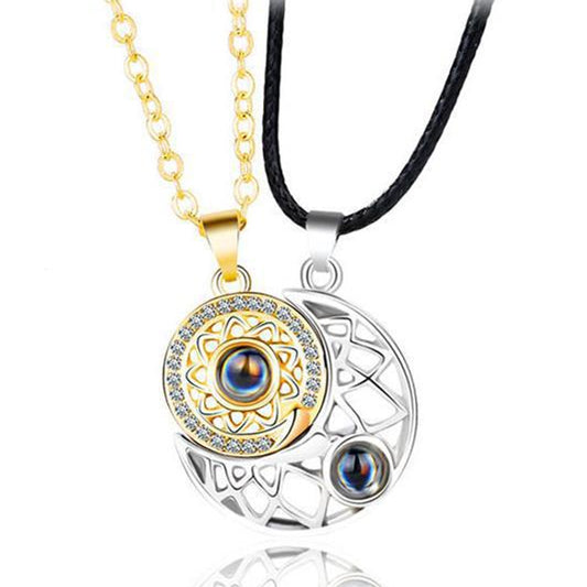 Sun and Moon Matching Couple Necklace for Her Him 100 Languages Love