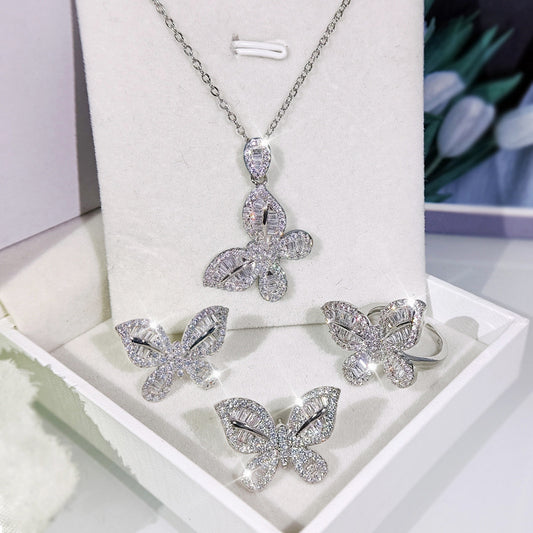 Butterfly Necklace Stud Earrings Rings Set 3PCS Jewelry Sets