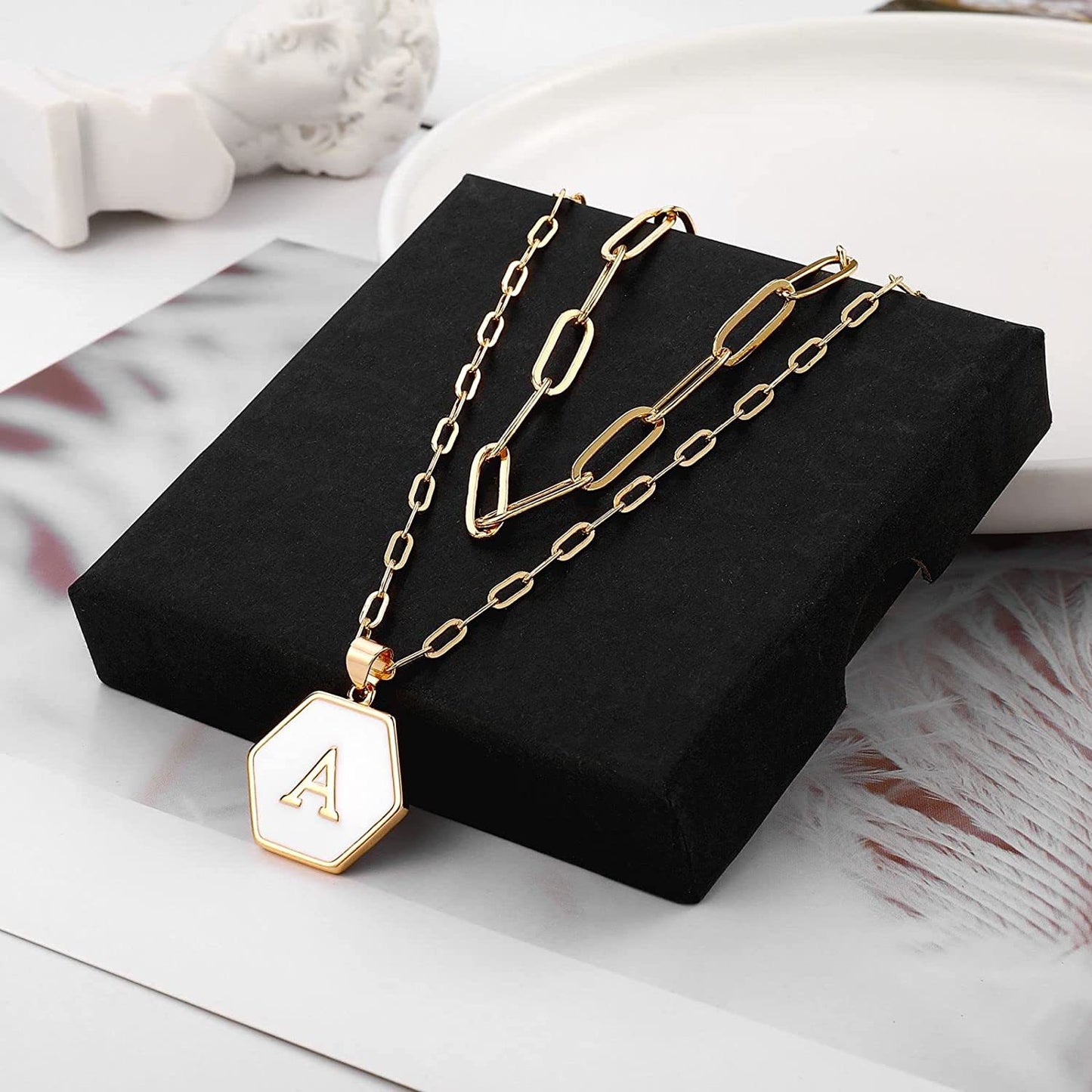 Initial A-Z Letter Pendant Necklace 18K Gold Plated Layered Paperclip Chain Necklace