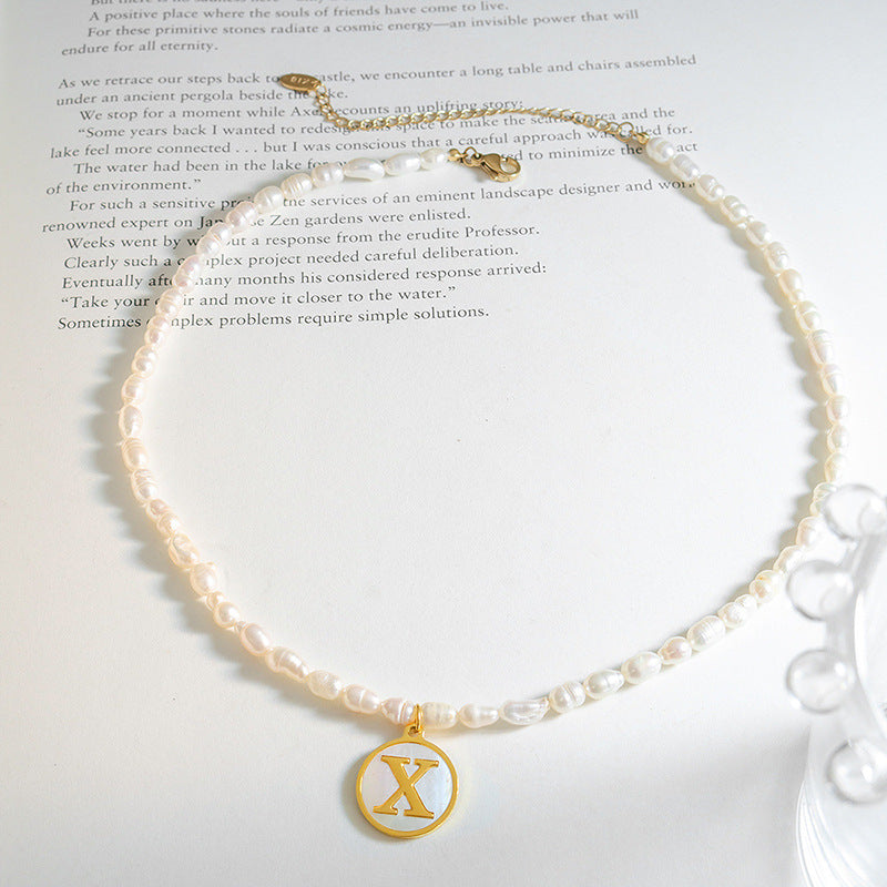 Initial A-Z Shell Letter Coin Pendant Dainty Chain Pearl Necklace