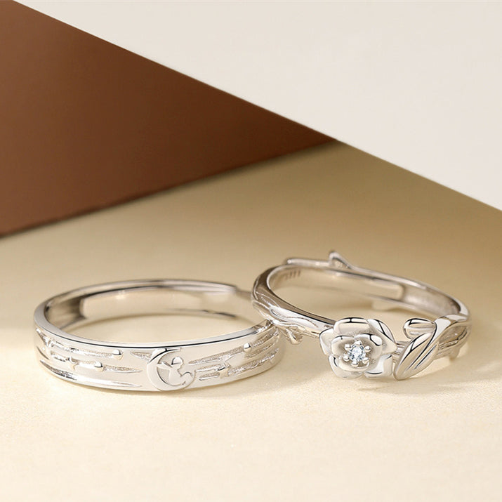 The Little Prince and Roses S925 Sterling Silver Adjustable Couple Rings