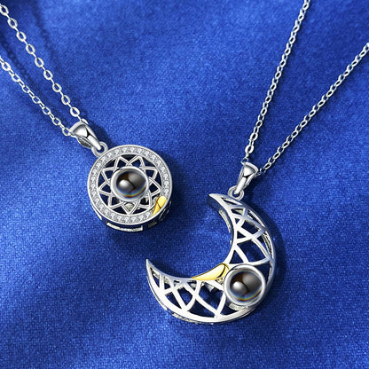 Sun and Moon Matching Couple Necklace for Her Him 100 Languages Love
