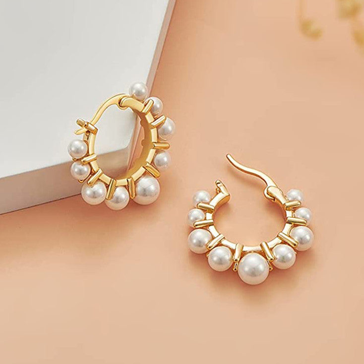 Pearl Hoop Earrings Dainty Beaded Chunky Hoops