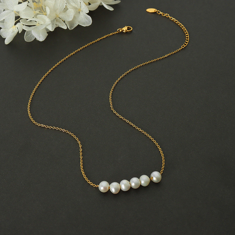 Gold Freshwater Pearl Necklace 6 Pearl Bar Necklace