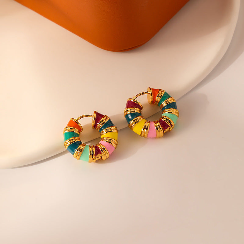 14K Gold Plated Multicolor Rainbow Round Hoop Earrings