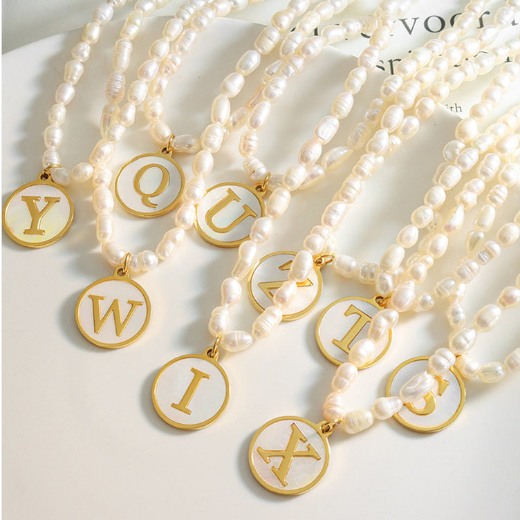 Initial A-Z Shell Letter Coin Pendant Dainty Chain Pearl Necklace