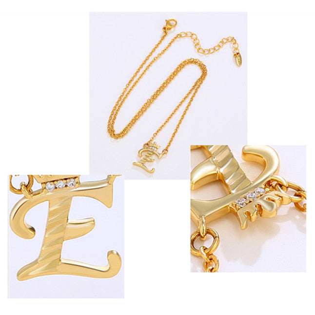 Initial Script A-Z Letter Crown Pendant Necklace 18K Gold Plated Cubic Zirconia Necklace