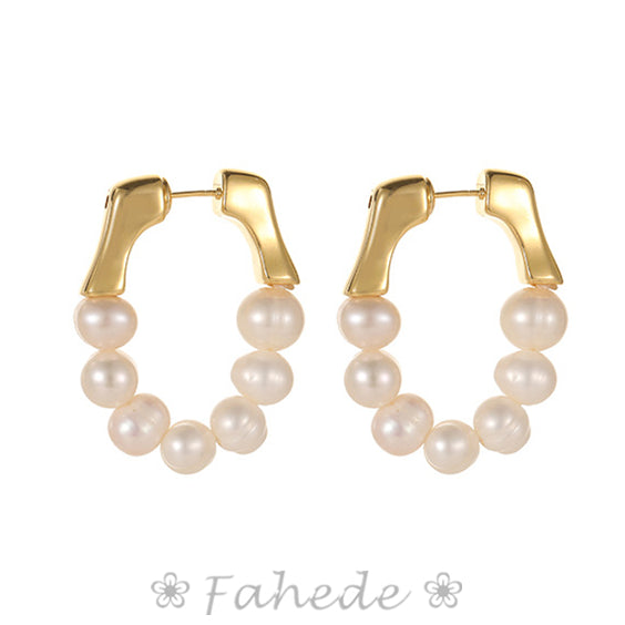 18K Gold Plated S925 Sterling Silver Post Hoop Earrings With Pearl