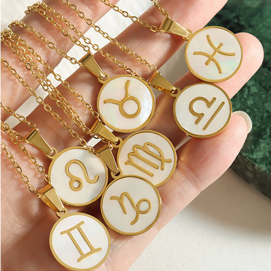 12 Constellations Sign Of Star Zodiac Shell Coin Pendant Necklace