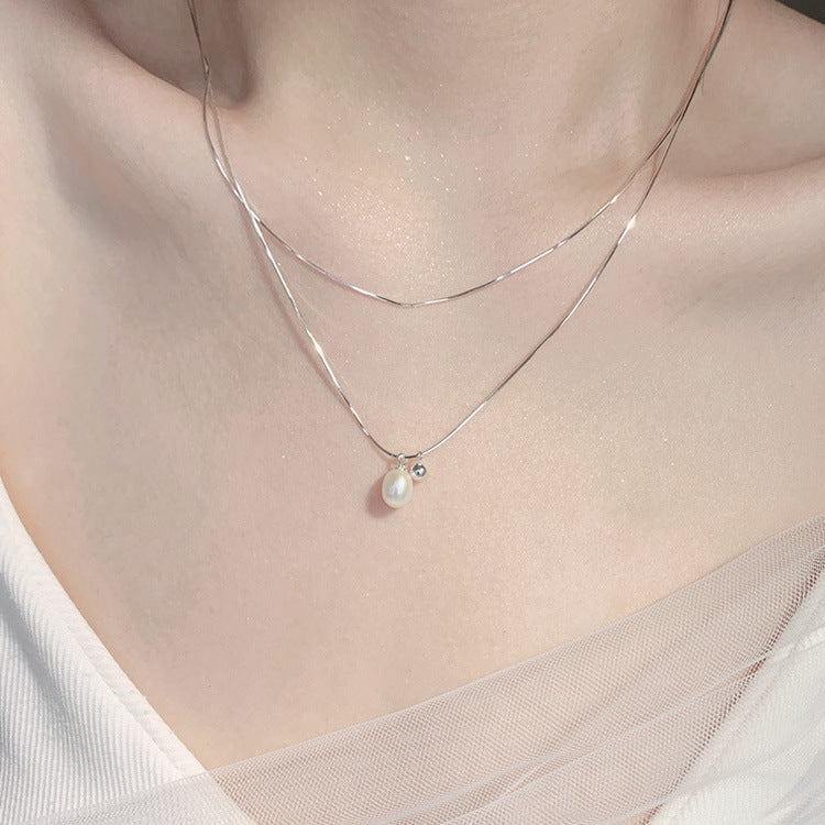 S925 Pearl Layered Pendant Necklace Choker Snake Chain Necklace