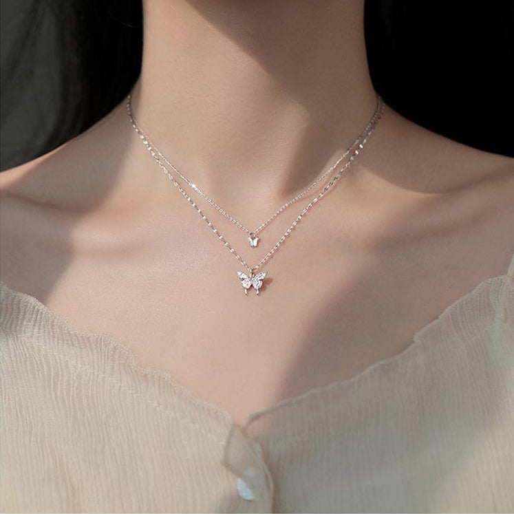 S925 Double Butterfly Layered Choker Lace Chain Necklace