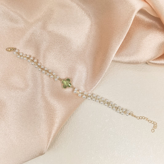 Charming Pearl Bracelet with Gold Clover Charm