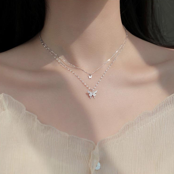 S925 Double Butterfly Layered Choker Lace Chain Necklace