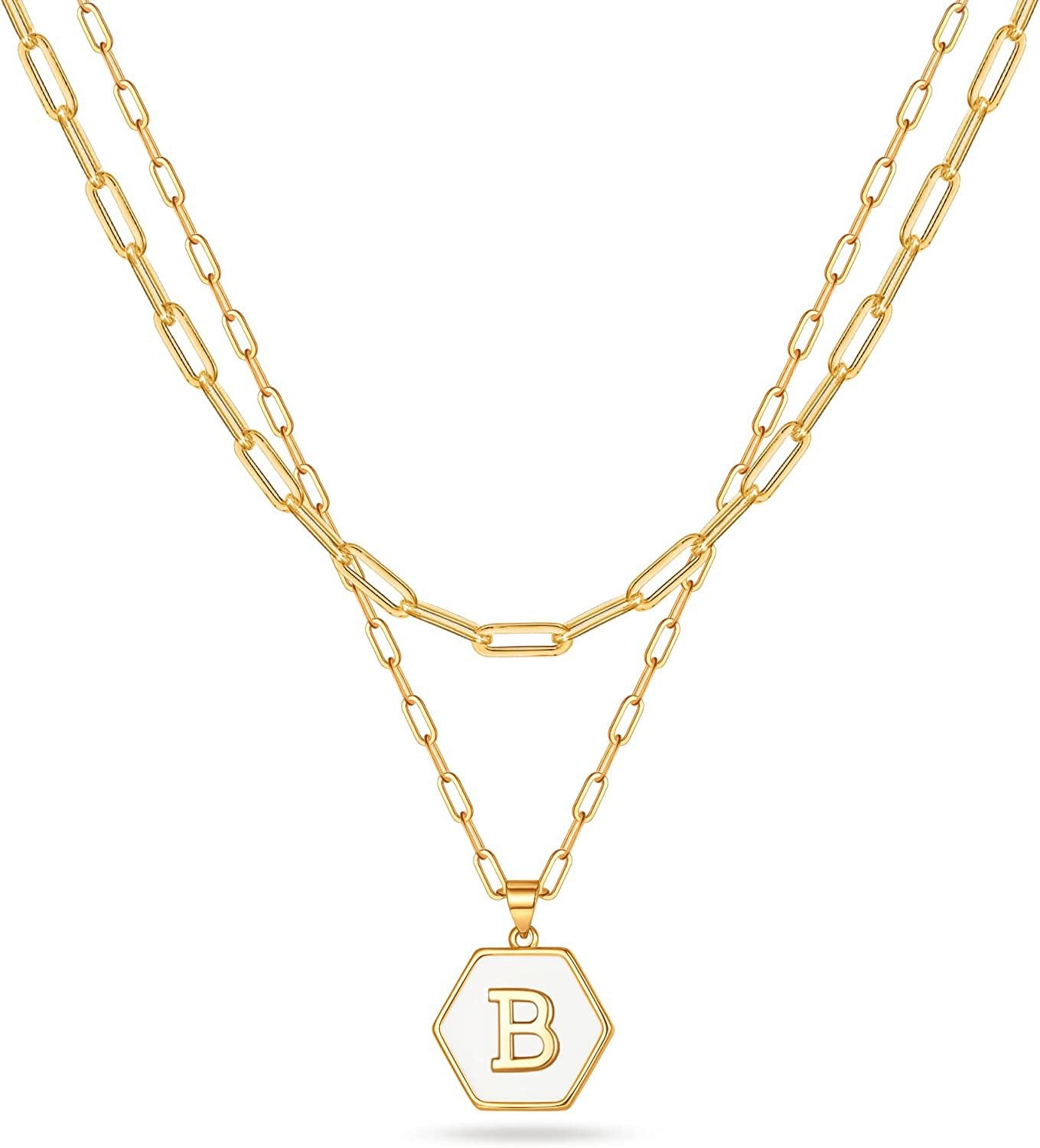 Initial A-Z Letter Pendant Necklace 18K Gold Plated Layered Paperclip Chain Necklace