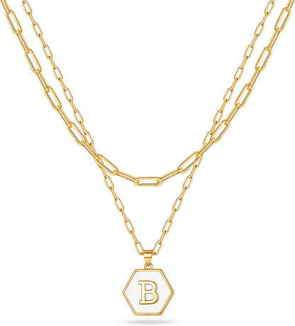 Initial A-Z Letter Pendant Necklace 18K Gold Plated Layered Paperclip Chain Necklace