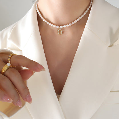 Initial A-Z Cubic Zircon Letter Pendant Dainty Pearl Necklace