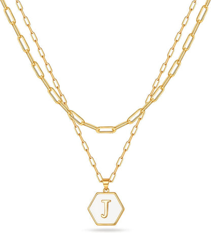 Initial A-Z Letter Pendant Necklace 18K Gold Plated Layered Paperclip Chain Necklace