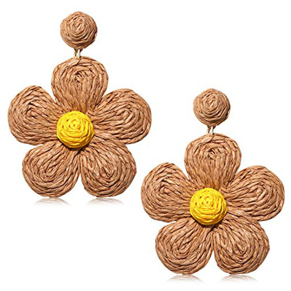 Flower Rattan Earrings Wicker Braid Bohemian Resort Beach Hoop Dangle Raffia Earrings