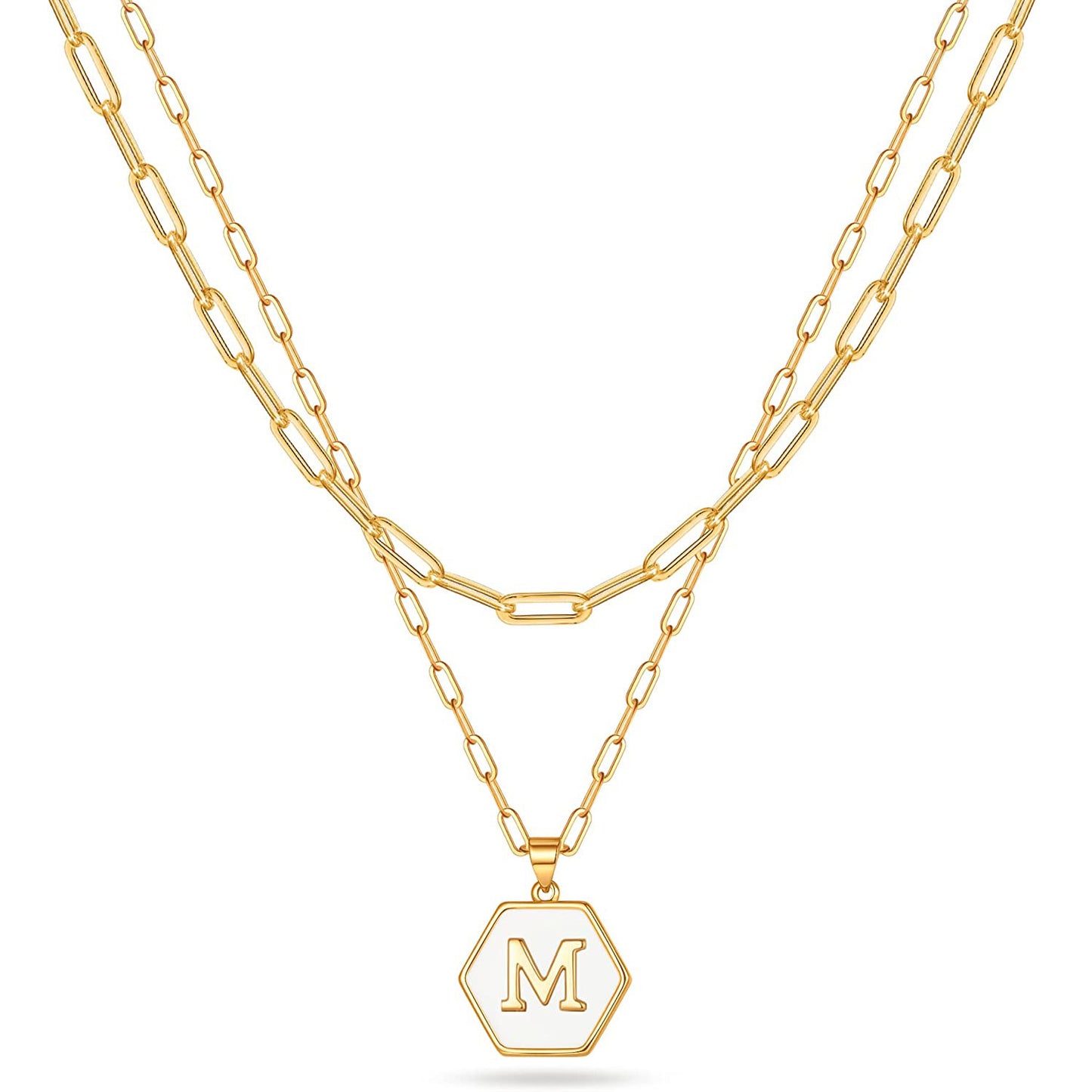 Initial A-Z Letter Pendant Necklace 18K Gold Plated Layered Paperclip Chain Necklace