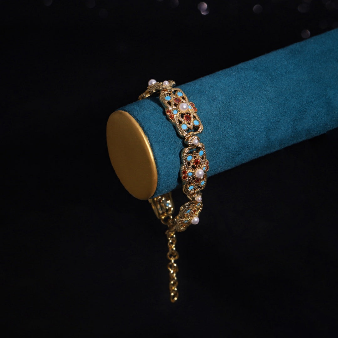 Handcrafted Antique Gold Brass Necklace and Bracelet with Colorful Gemstones