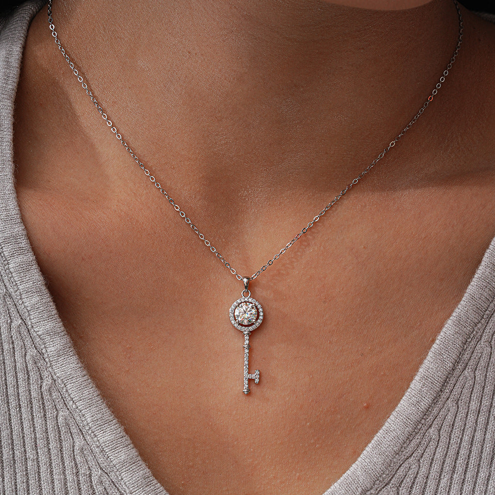 Elegant Sterling Silver Moissanite Key Pendant Necklace
