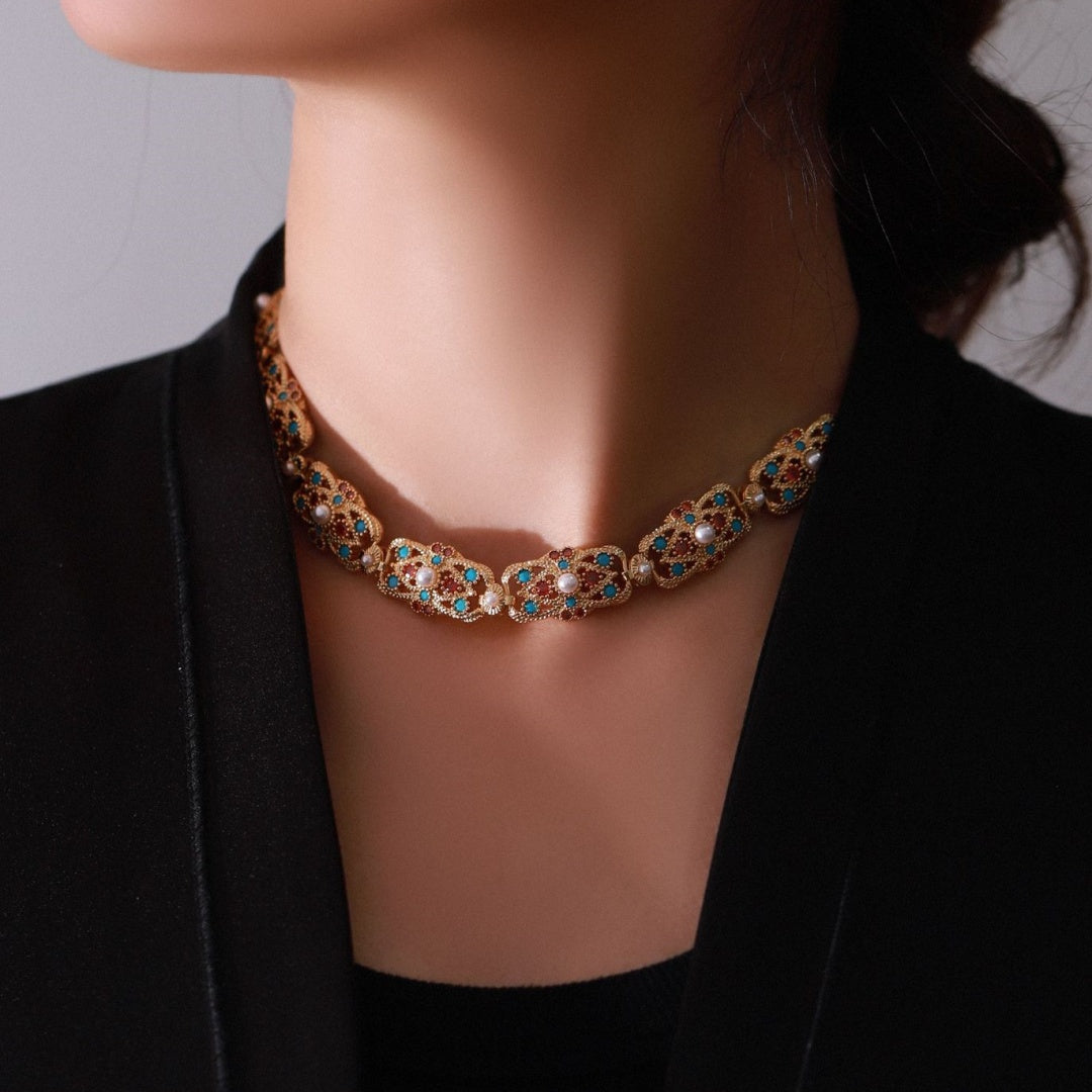 Handcrafted Antique Gold Brass Necklace and Bracelet with Colorful Gemstones