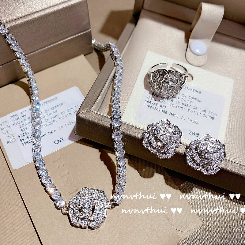 Handcrafted Sparkling Rose Flower Jewelry Set - Necklace, Ring, and Earrings