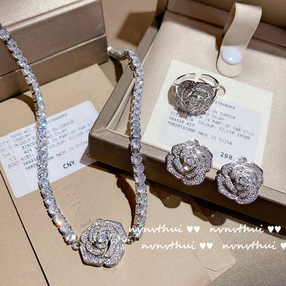 Handcrafted Sparkling Rose Flower Jewelry Set - Necklace, Ring, and Earrings