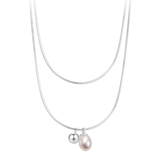 S925 Pearl Layered Pendant Necklace Choker Snake Chain Necklace