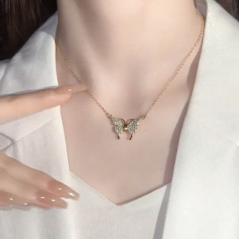 Double-Sided Wearing Diamond-Set Magnetic Butterfly Pendant Necklace