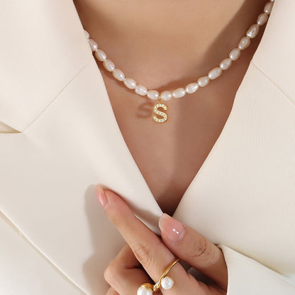 Initial A-Z Cubic Zircon Letter Pendant Dainty Pearl Necklace