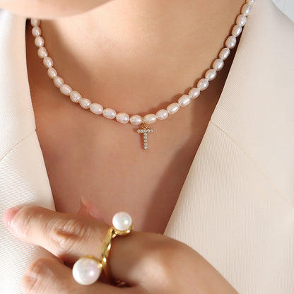 Initial A-Z Cubic Zircon Letter Pendant Dainty Pearl Necklace